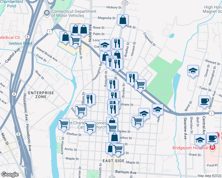 map of restaurants, bars, coffee shops, grocery stores, and more near 1567 East Main Street in Bridgeport