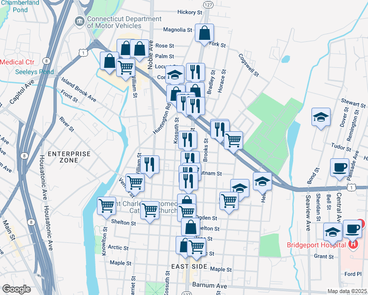 map of restaurants, bars, coffee shops, grocery stores, and more near 1567 East Main Street in Bridgeport