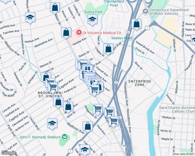 map of restaurants, bars, coffee shops, grocery stores, and more near 404 Wells Street in Bridgeport