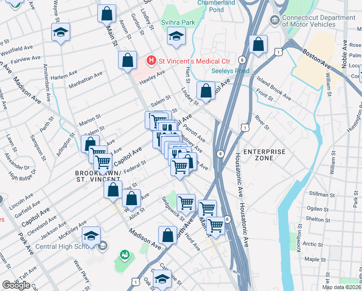 map of restaurants, bars, coffee shops, grocery stores, and more near 404 Wells Street in Bridgeport