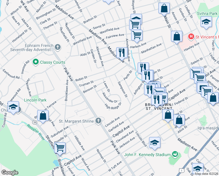 map of restaurants, bars, coffee shops, grocery stores, and more near 57 Lawn Street in Bridgeport