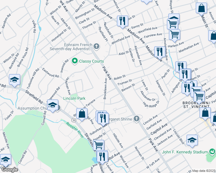 map of restaurants, bars, coffee shops, grocery stores, and more near 1335 Brooklawn Avenue in Fairfield