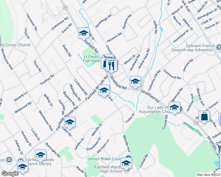 map of restaurants, bars, coffee shops, grocery stores, and more near 1131 Fairfield Woods Road in Fairfield