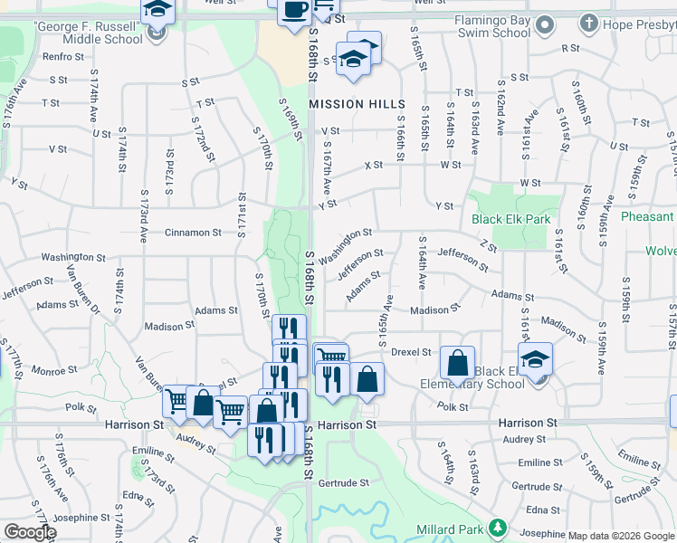 map of restaurants, bars, coffee shops, grocery stores, and more near 16717 Jefferson Street in Omaha