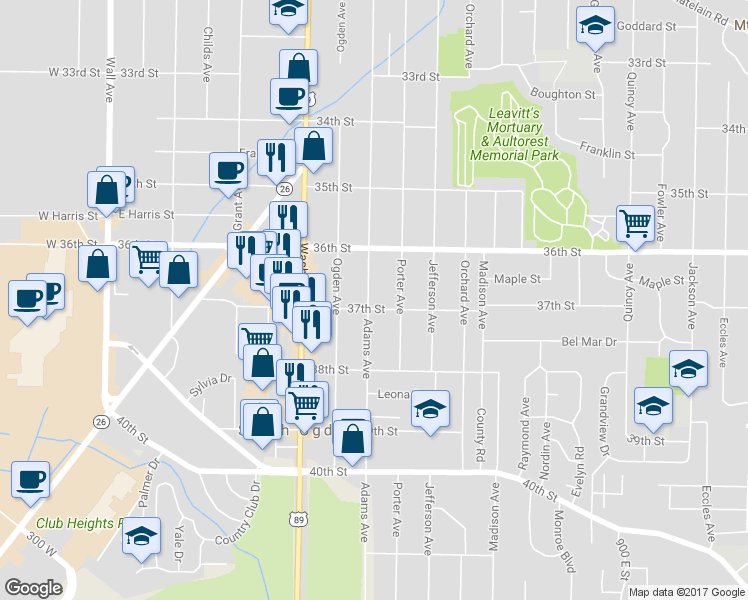 map of restaurants, bars, coffee shops, grocery stores, and more near 3688 Adams Avenue in Ogden