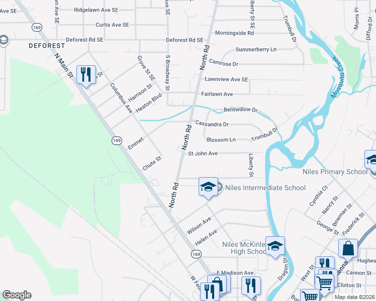 map of restaurants, bars, coffee shops, grocery stores, and more near 203 North Road in Niles