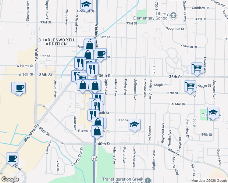 map of restaurants, bars, coffee shops, grocery stores, and more near 3683 Adams Avenue in Ogden