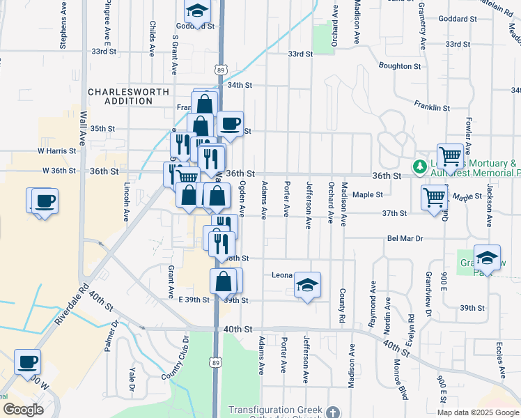 map of restaurants, bars, coffee shops, grocery stores, and more near 3683 Adams Avenue in Ogden