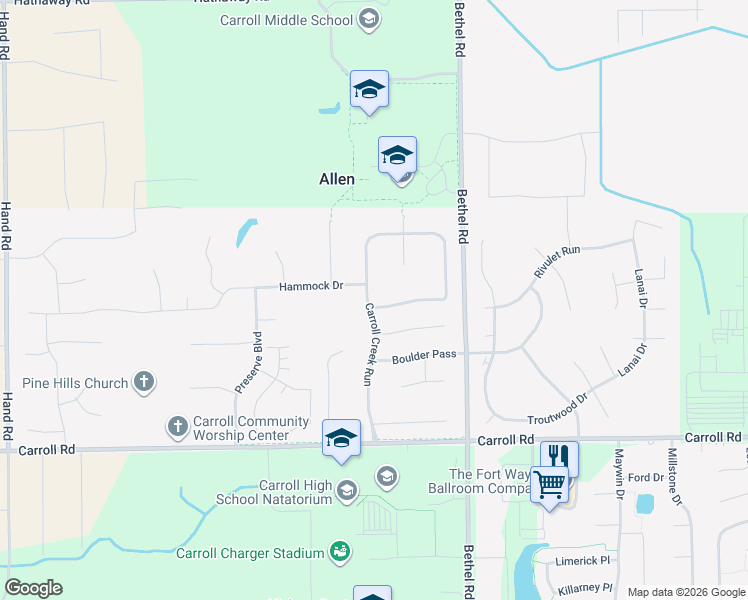 map of restaurants, bars, coffee shops, grocery stores, and more near 12414 Carroll Creek Run in Fort Wayne