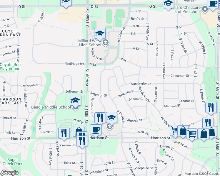 map of restaurants, bars, coffee shops, grocery stores, and more near 6188 South 177th Street in Omaha