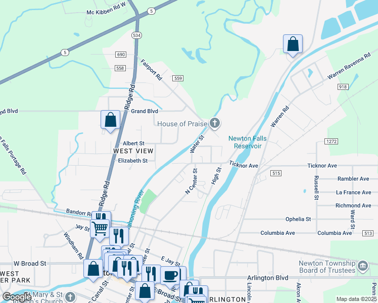 map of restaurants, bars, coffee shops, grocery stores, and more near 323 Water Street in Newton Falls