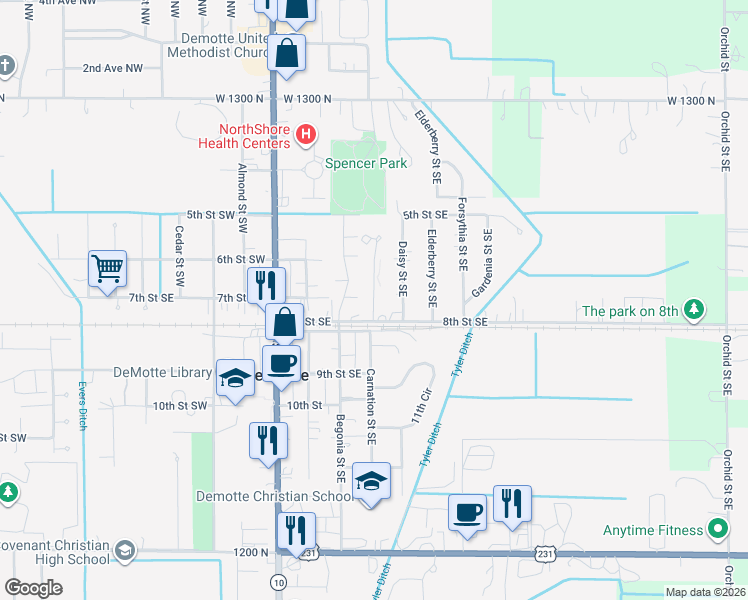 map of restaurants, bars, coffee shops, grocery stores, and more near 310 8th St SE in De Motte