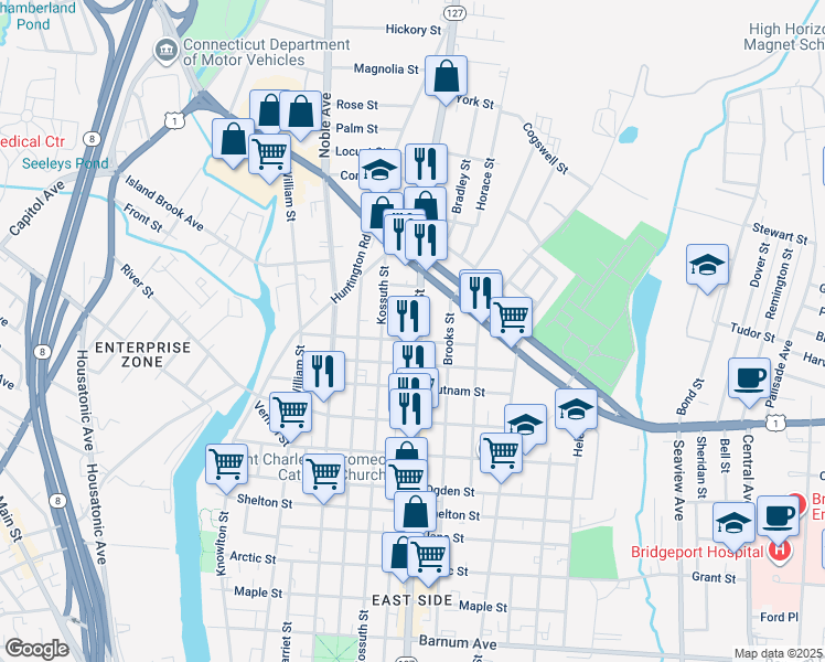 map of restaurants, bars, coffee shops, grocery stores, and more near 1565 East Main Street in Bridgeport