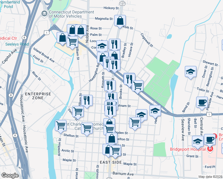 map of restaurants, bars, coffee shops, grocery stores, and more near 1567 East Main Street in Bridgeport