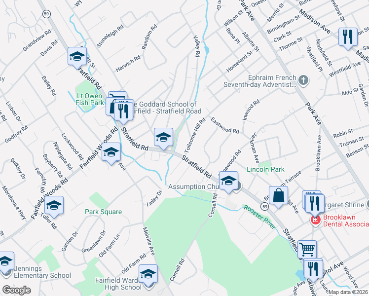 map of restaurants, bars, coffee shops, grocery stores, and more near 618 Toilsome Hill Road in Fairfield