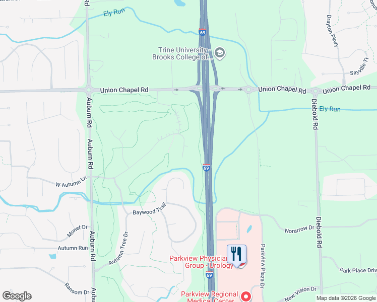 map of restaurants, bars, coffee shops, grocery stores, and more near 12132 Chesterbrook Court in Fort Wayne