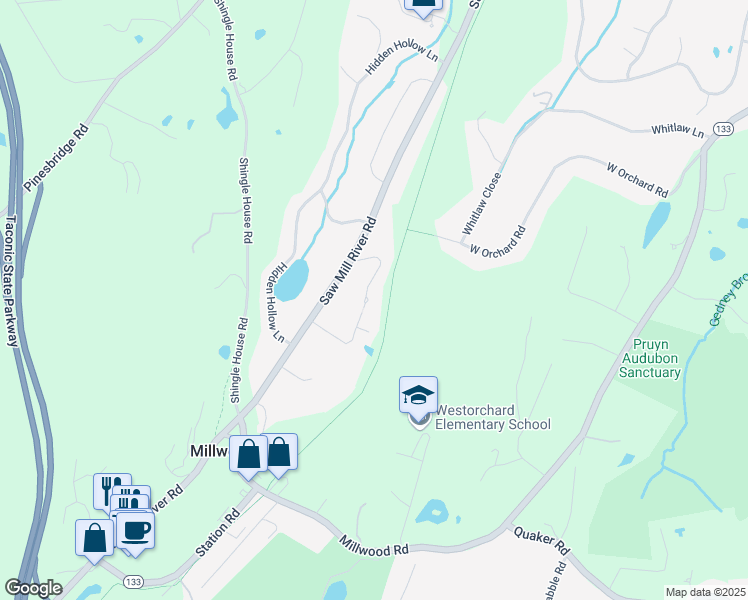 map of restaurants, bars, coffee shops, grocery stores, and more near 34 Ledgewood Commons in Millwood