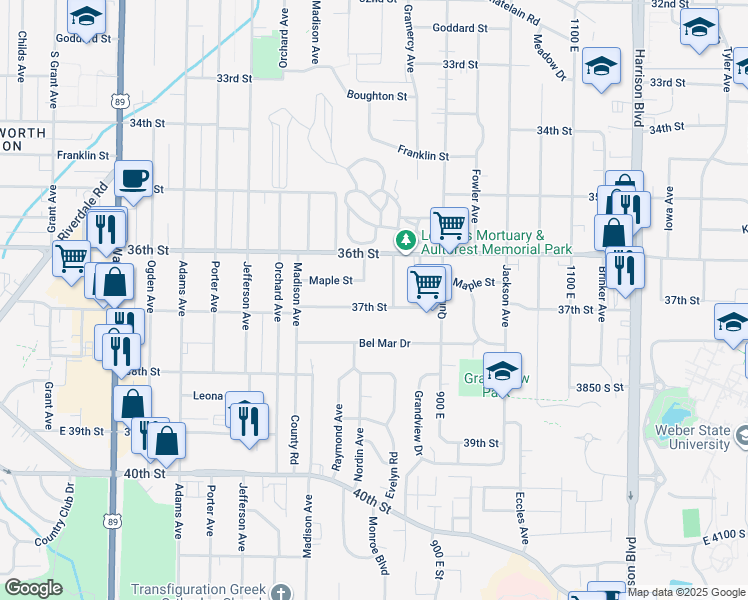 map of restaurants, bars, coffee shops, grocery stores, and more near 824 37th Street in Ogden