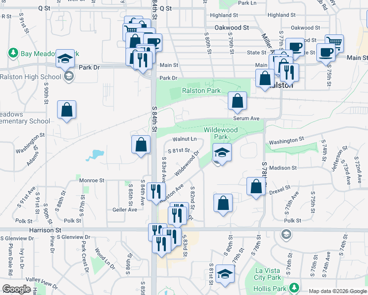 map of restaurants, bars, coffee shops, grocery stores, and more near 8206 Robin Hill Avenue in Omaha