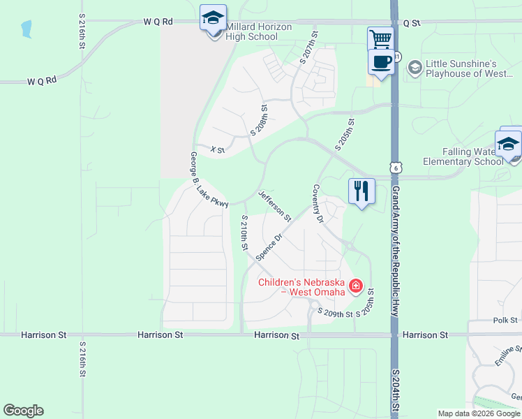 map of restaurants, bars, coffee shops, grocery stores, and more near 6310 South 208th Avenue in Douglas County