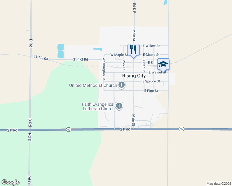 map of restaurants, bars, coffee shops, grocery stores, and more near 450 Hamilton Street in Rising City