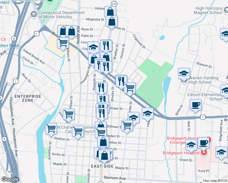 map of restaurants, bars, coffee shops, grocery stores, and more near 722 Brooks Street in Bridgeport