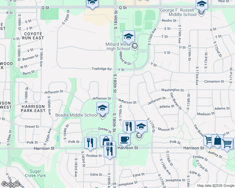 map of restaurants, bars, coffee shops, grocery stores, and more near 17836 Washington Circle in Omaha