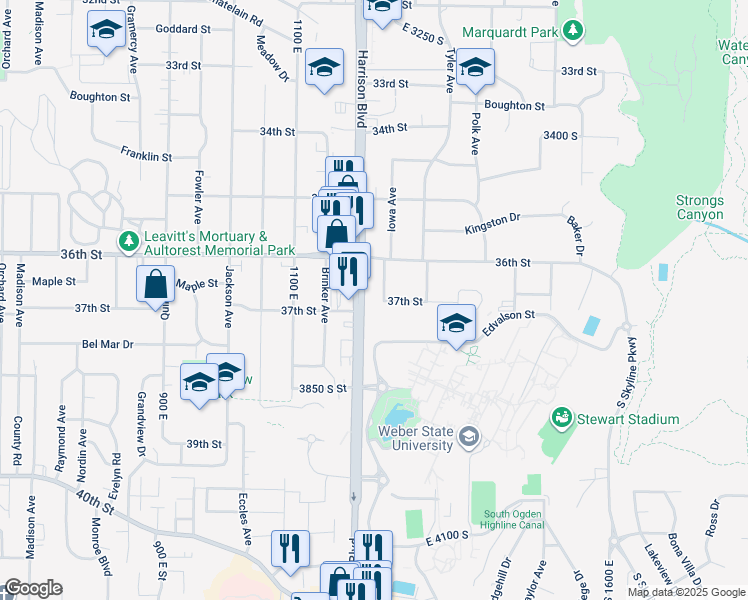 map of restaurants, bars, coffee shops, grocery stores, and more near 3673 Iowa Avenue in Ogden