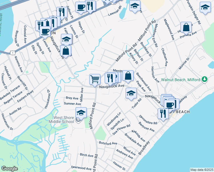 map of restaurants, bars, coffee shops, grocery stores, and more near 286 Naugatuck Avenue in Milford