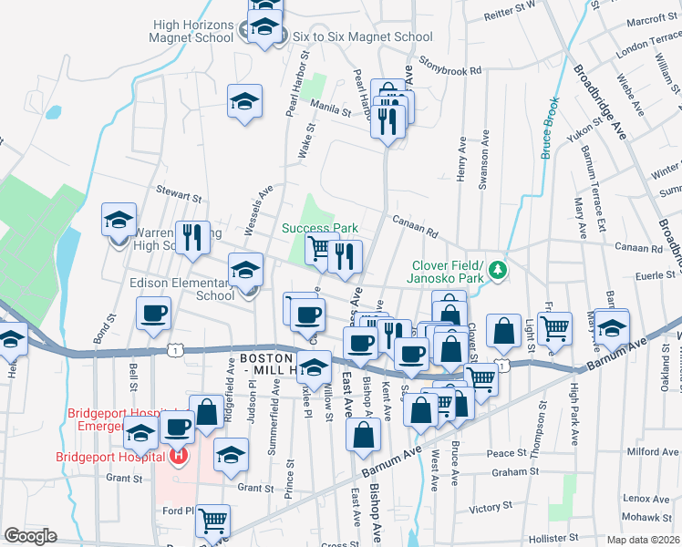 map of restaurants, bars, coffee shops, grocery stores, and more near in Bridgeport