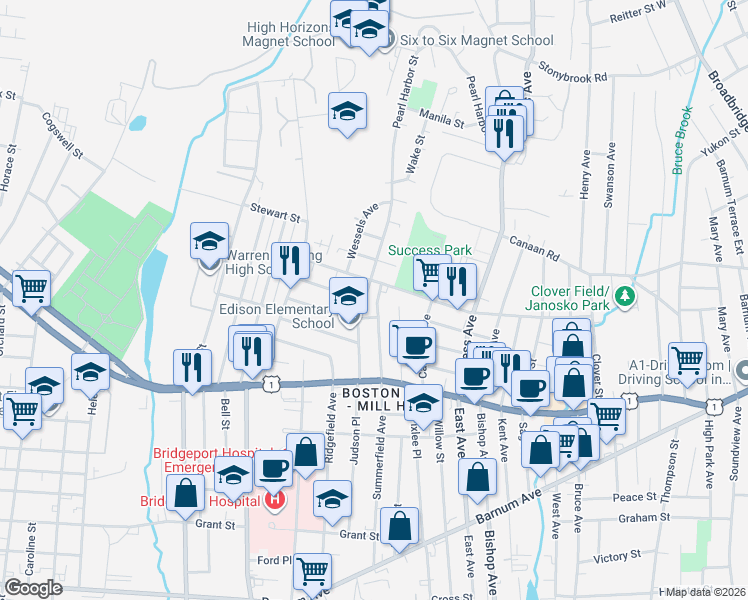 map of restaurants, bars, coffee shops, grocery stores, and more near 160 Price Street in Bridgeport