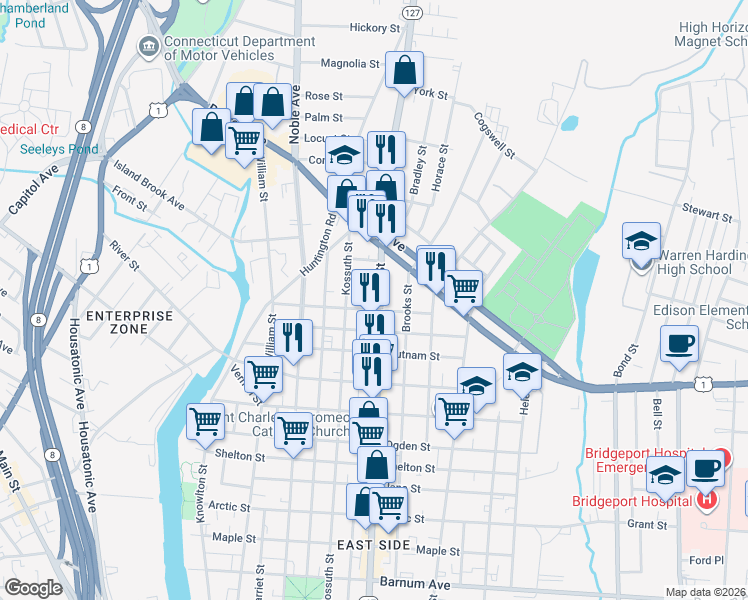 map of restaurants, bars, coffee shops, grocery stores, and more near 1567 East Main Street in Bridgeport