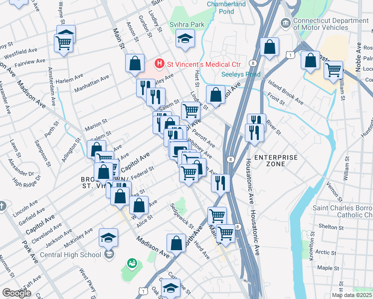map of restaurants, bars, coffee shops, grocery stores, and more near 404 Wells Street in Bridgeport