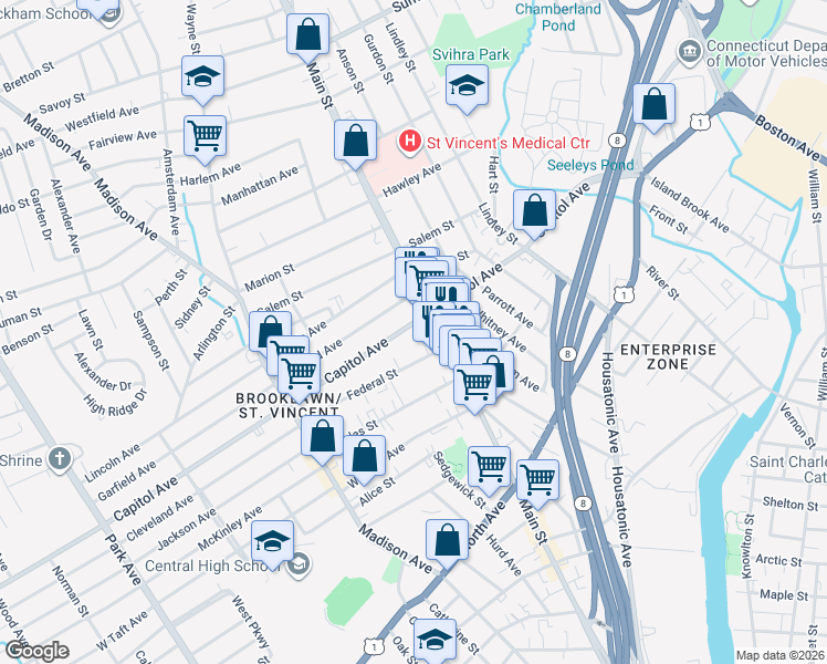 map of restaurants, bars, coffee shops, grocery stores, and more near 579 Capitol Avenue in Bridgeport