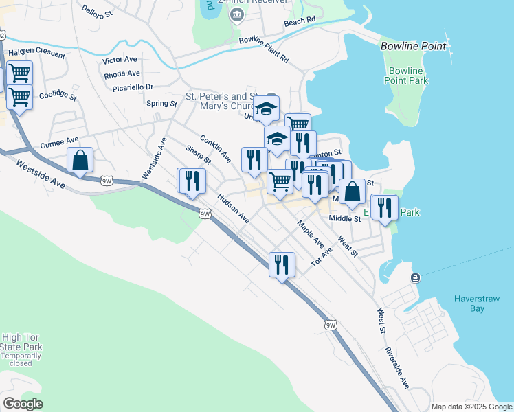 map of restaurants, bars, coffee shops, grocery stores, and more near 60 New Main Street in Haverstraw