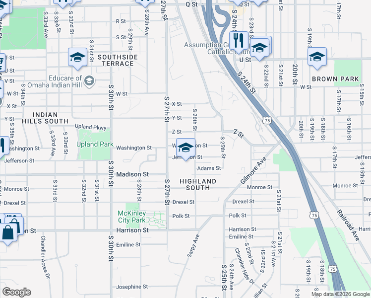 map of restaurants, bars, coffee shops, grocery stores, and more near 2636 Jefferson Street in Omaha