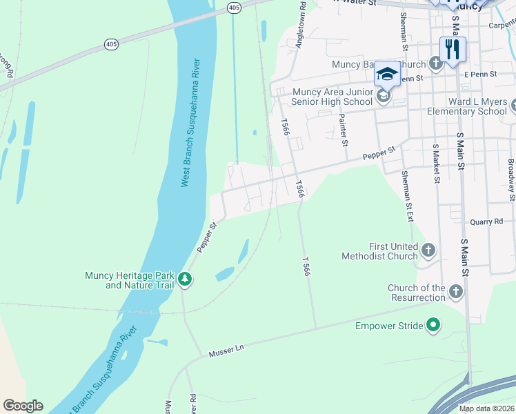 map of restaurants, bars, coffee shops, grocery stores, and more near 95 Port Penn Road in Muncy