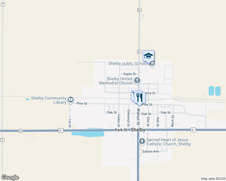 map of restaurants, bars, coffee shops, grocery stores, and more near 330 West Cherry Street in Shelby