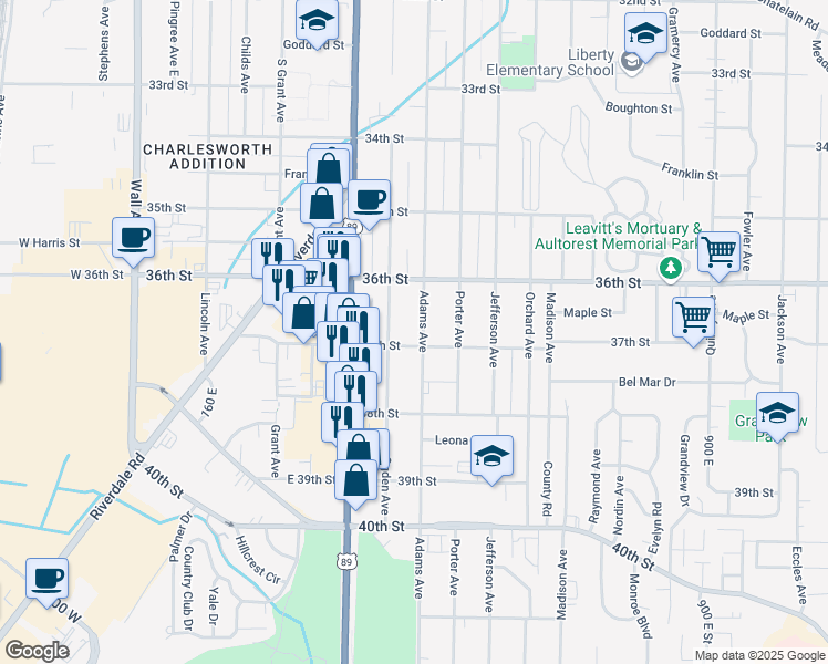 map of restaurants, bars, coffee shops, grocery stores, and more near 3677 Adams Ave in South Ogden