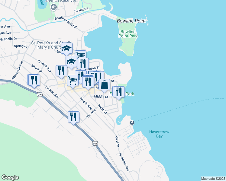 map of restaurants, bars, coffee shops, grocery stores, and more near 86 Main Street in Haverstraw