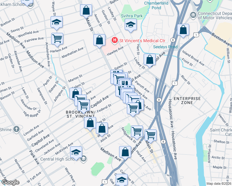 map of restaurants, bars, coffee shops, grocery stores, and more near 579 Capitol Avenue in Bridgeport