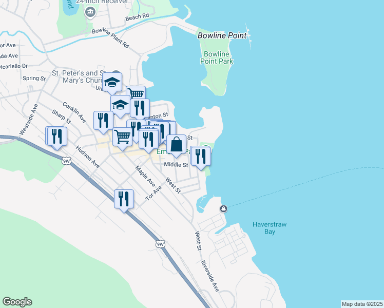 map of restaurants, bars, coffee shops, grocery stores, and more near 86 Main Street in Haverstraw