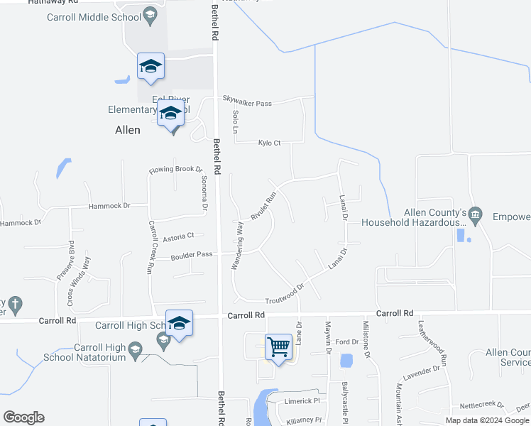 map of restaurants, bars, coffee shops, grocery stores, and more near 3303 Rivulet Run in Fort Wayne