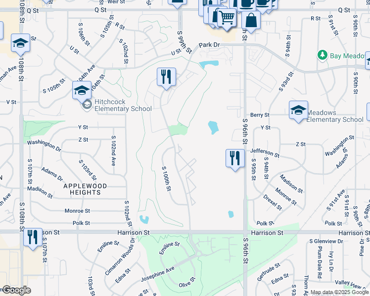 map of restaurants, bars, coffee shops, grocery stores, and more near 6135 South 97th Plaza in Omaha