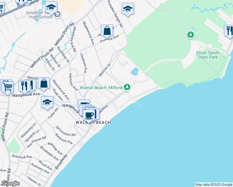 map of restaurants, bars, coffee shops, grocery stores, and more near 15 Shea Avenue in Milford