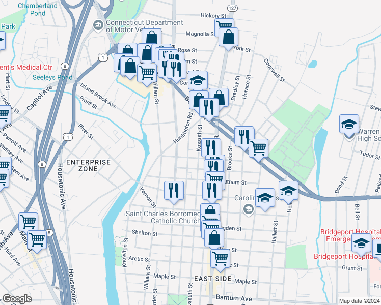 map of restaurants, bars, coffee shops, grocery stores, and more near 169 Spring Street in Bridgeport