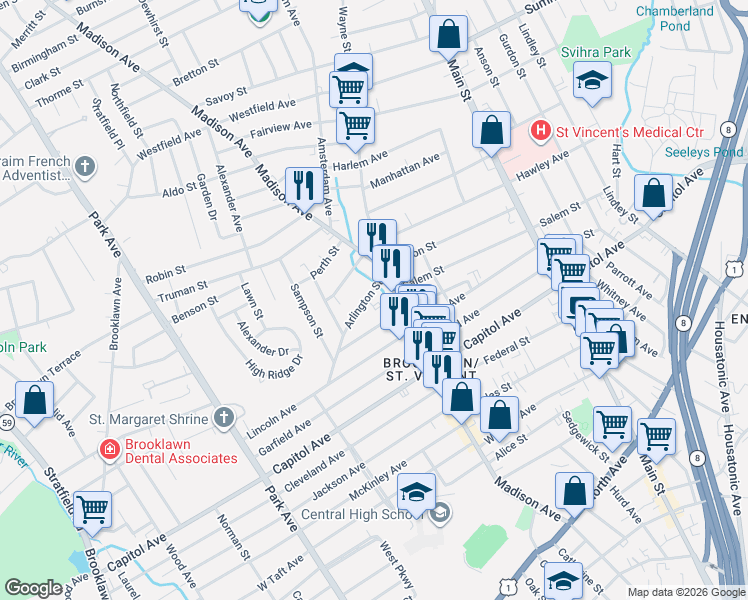 map of restaurants, bars, coffee shops, grocery stores, and more near 165 Arlington Street in Bridgeport