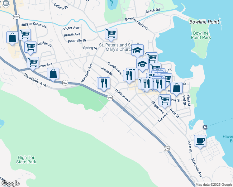 map of restaurants, bars, coffee shops, grocery stores, and more near 57 Conger Avenue in Haverstraw