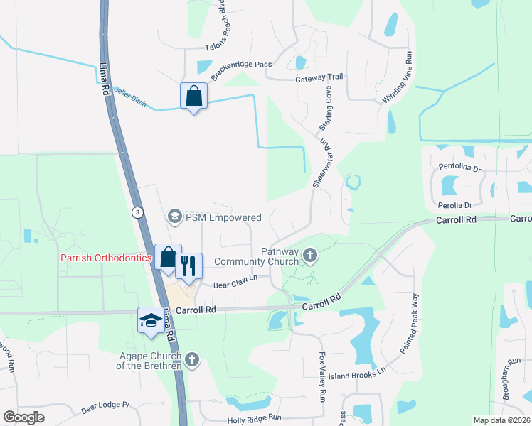 map of restaurants, bars, coffee shops, grocery stores, and more near 12306 Jacobas Place in Fort Wayne