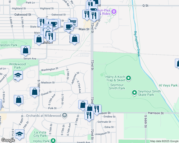 map of restaurants, bars, coffee shops, grocery stores, and more near 6219 South 72nd Avenue in Ralston
